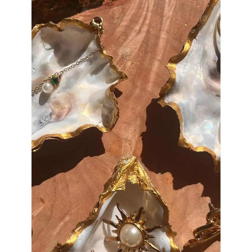 White and Gold Oyster Shell Ring Dish: Coastal Decor Jewelry Holder